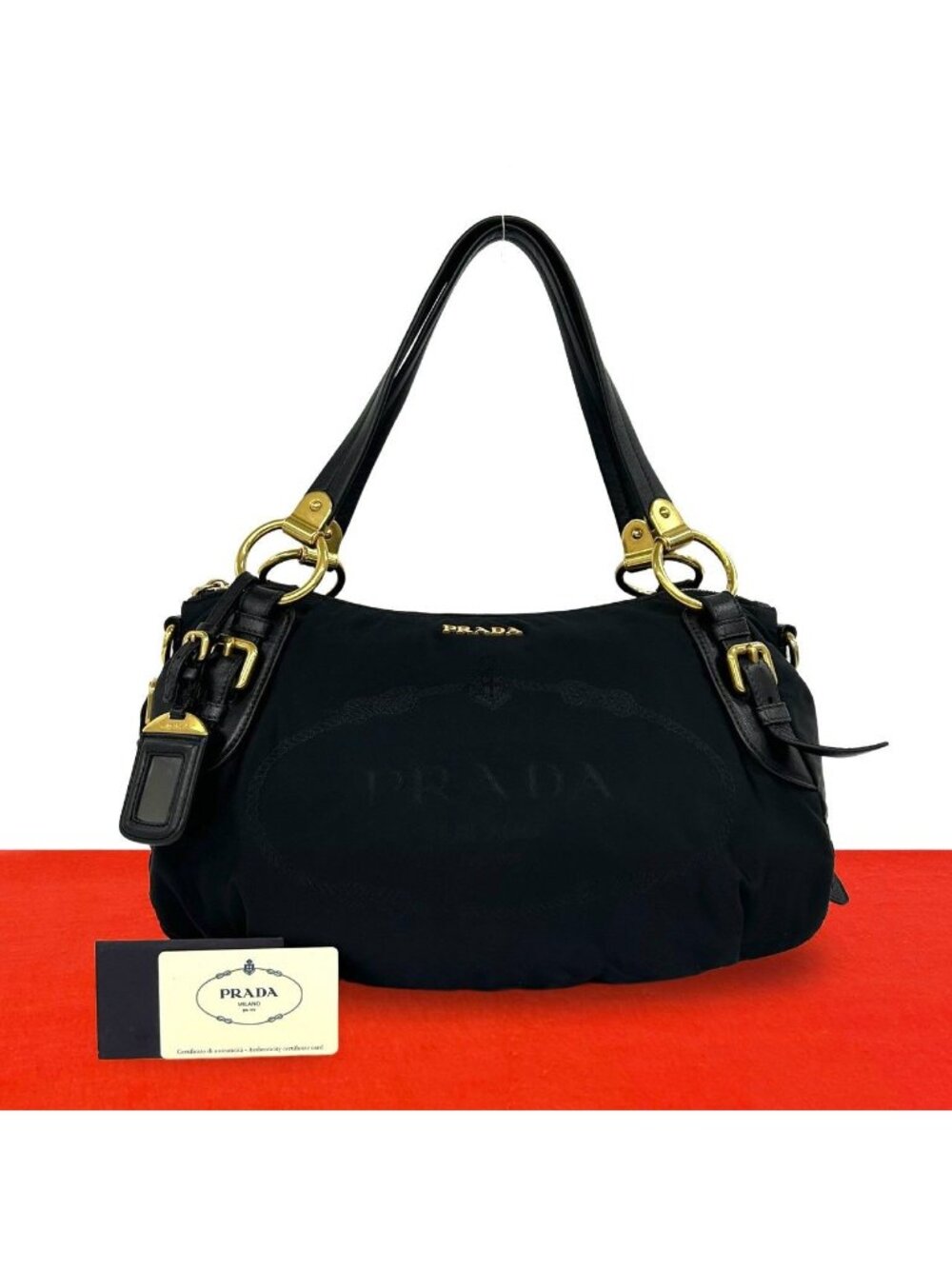 Prada Logo Tessuto Pocono Nylon Leather Tote Shoulder Bag Black